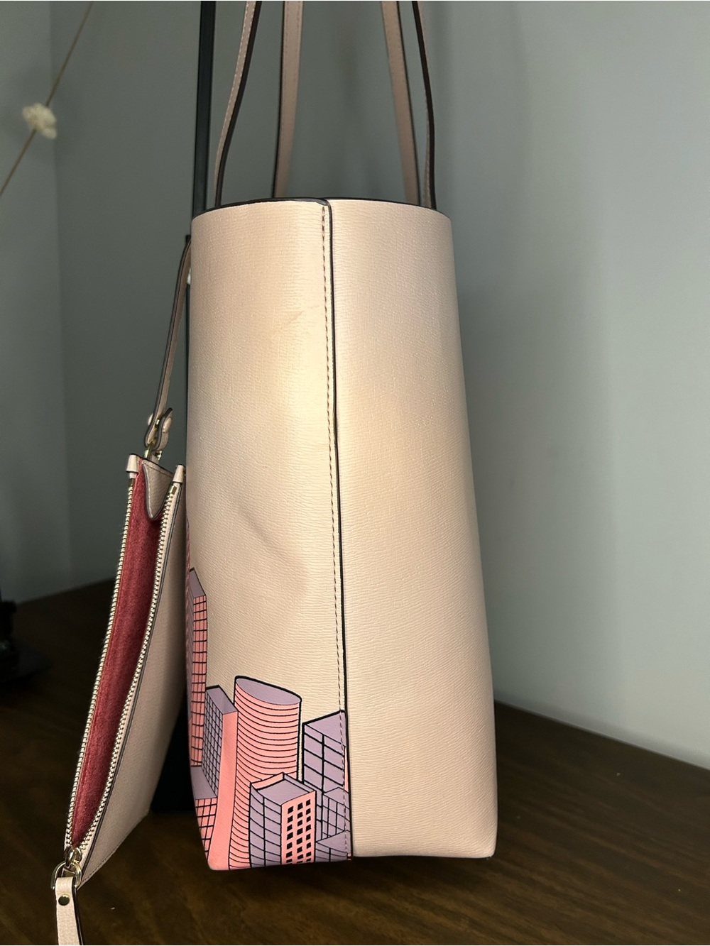 Kate Spade City Skyline Large Tote Bag Pink NYC Print Matching Pouch - Picture 9 of 16